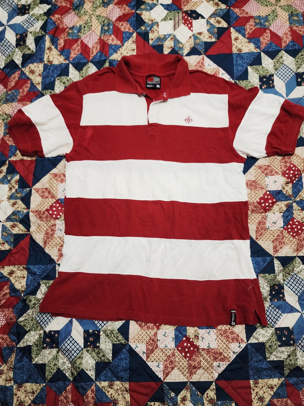 South Pole Men's Red and White Horizontal Stripe Polo